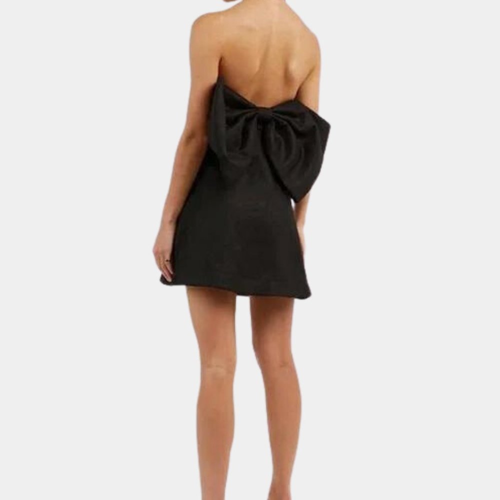 Dissh 'Aisle' Black Linen Strapless Mini Dress with Large Bow in Back